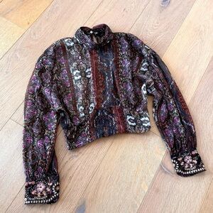 Zara Sheer Crop Top Embroidered Sequin Boho Peasant Small